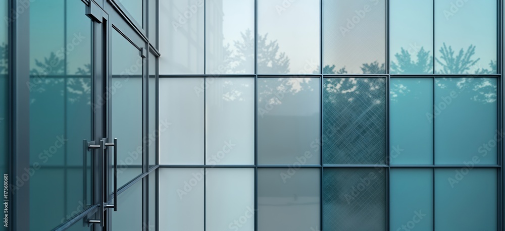 Poster modern architecture features metal wall with glass doors, hi-tech geometric steel structure. rectang