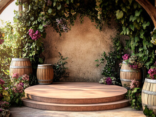 Fototapeta premium Image depicts a charming wine cellar with a wooden barrel in an alcove adorned by flowers, inviting tranquility and warmth - Generative AI