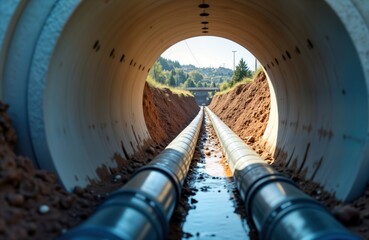 Modern water supply, sewerage system construction. Underground pipelines installed in trench encased in concrete pipe. Plastic pipes for water, wastewater disposal laid. Infrastructure project in