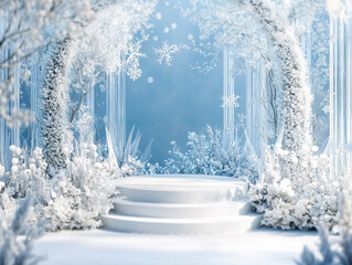 A digital artwork featuring a frost-covered throne on a frozen lake, surrounded by pristine snow and an elegant archway The scene is set against a serene winter forest with bare t - Generative AI
