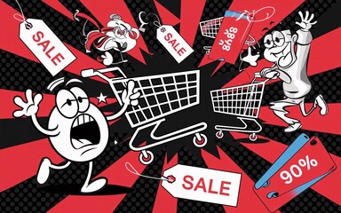 Obraz premium Black Friday, Cartoon characters shopping sale, discount, price tags.