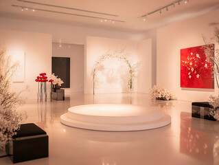Image shows a modern, well-lit lobby or gallery space with minimalist furniture, a central circular platform, and floral arrangements The room features framed artwork on the walls - Generative AI
