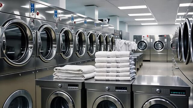 Industrial Laundry Room with Rows of Washing Machines, Stacks of Folded Towels, and Clean, Bright Interior

