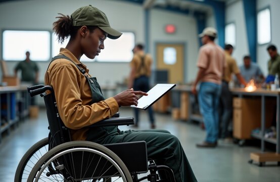 African female worker with disability uses digital tablet at workshop sitting in wheelchair. Interacts with tech tools in manufacturing environment. Workers visible around. Accessibility, inclusivity
