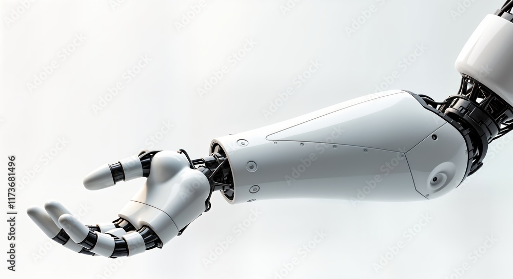 Poster white futuristic robot arm with open hand extends outward. advanced tech arm suggests cutting-edge r
