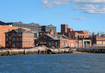 view of bush terminal park in sunset park brooklyn (warehouse area with abandoned pier on the east river narrows waterfront) new york city harbor