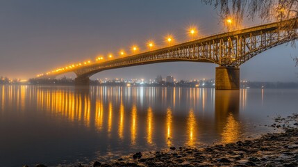 Fototapeta premium Illuminated Urban Bridge Over Water at Night
