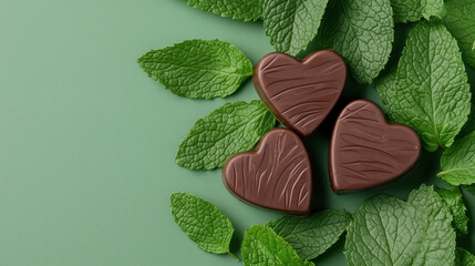 Delicious heart shaped chocolate bars nestled among fresh mint leaves, creating delightful and inviting scene