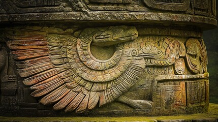 Intricate stone carving of a feathered serpent on ancient Mayan column.