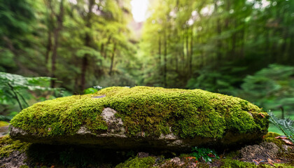 a stone blanketed with inexperienced moss within the woodland flora and fauna panorama extensive banner replica area layout empty space for the product