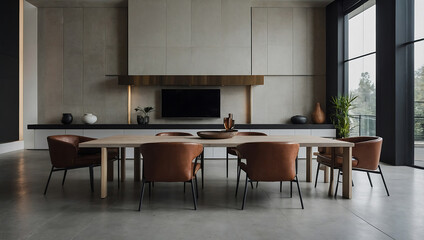 Modern Dining Room Interior with Light Wood Table and Leather Chairs