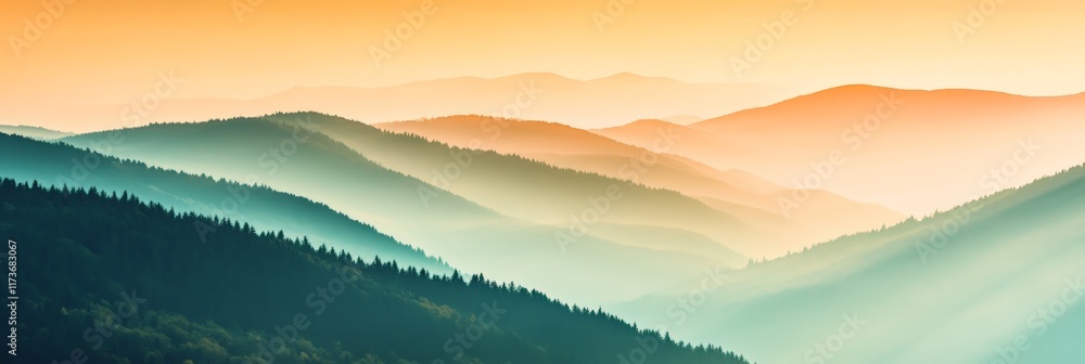 Poster layers of mountain ridges fading into the distance under a warm sunset sky, creating a tranquil and 