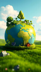 Digital painting of a green earth with renewable energy sources as symbols of unity, bringing people together for a common cause, 8k, with white tones