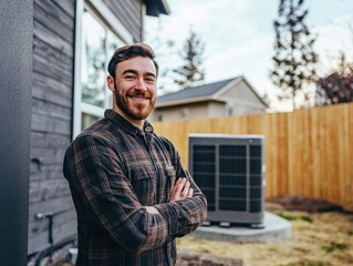 Fototapeta premium Happy man next to his house with a exterior heat pump unit in background.