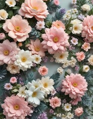 Artificial flowers wall with intricate details and pastel colors,  artificial plants,  garden inspiration