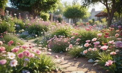 A soft focus of a blooming garden in full bloom, light blue abstract background,  nature