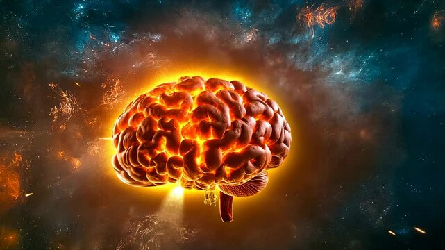 This vibrant image showcases a brain engulfed in fiery energy, symbolizing the power of thoughts. The glowing colors create a dynamic, imaginative mood, conveying concepts of creativity and