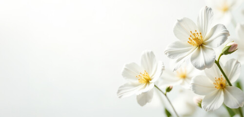 Spring floral background with white flowers and petals. Blank, template space for text, advertising, promotions, flower stores, events, greeting cards