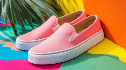A pair of casual slip-ons placed on a vibrant urban background, with ample room for product text