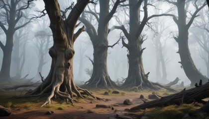 Ancient tree trunks and gnarled branches in a misty forest ,  tree,  nature