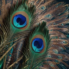 Fototapeta premium A pair of peacock feathers on display with their vibrant colors and intricate patterns, nature, elegant