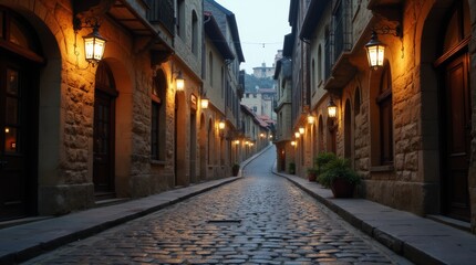 Fototapeta premium Charming european cobblestone street with historic architecture at dusk