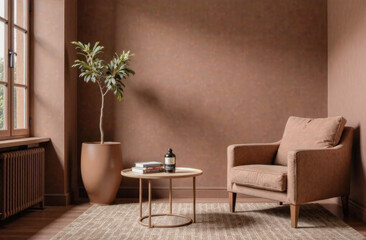 minimalism in the trending color of 2025 by mocha mousse. a curtain made of thick mocha mousse fabric and a vase with dried flowers on a beige wall background