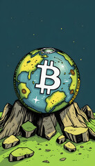 bitcoin earth, hand-drawn digital illustration, with white tones