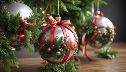 Ball Ornaments Adorned with Ribbons and Greenery ,  ribbons,  theme