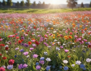 Blooming wildflower field under a sunny sky with soft focus effect,  garden,  natural
