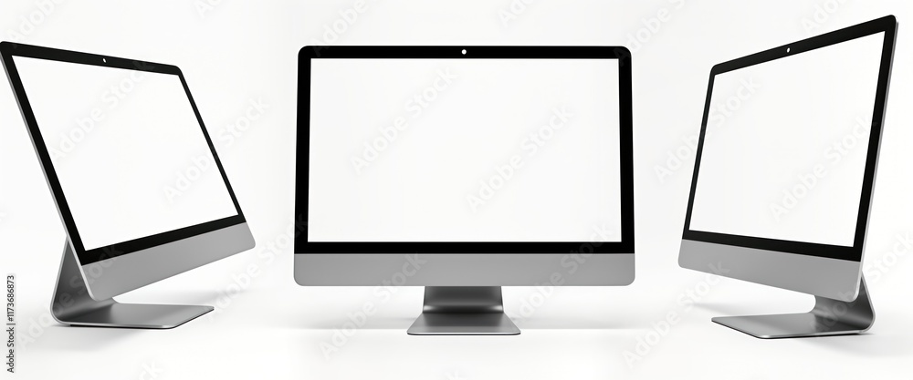 Poster modern desktop computers on white background. blank screens offer design template options. flat styl