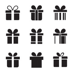 Gift boxes with ribbon icons Set. Gift box flat line silhouette on white background gift box with ribbon silhouette vector.