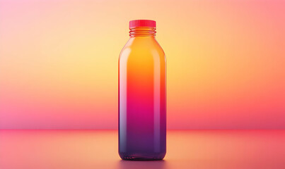 Gradient-colored glass bottle with red cap against a vibrant pink and orange background.