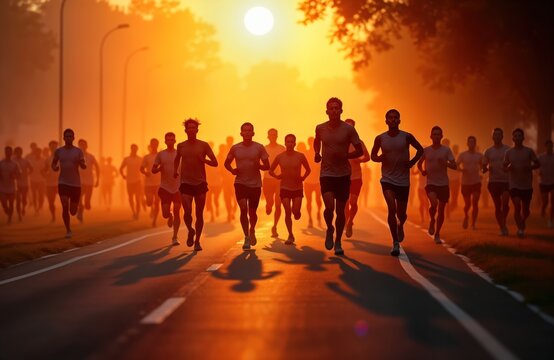 Many people participate in a run. Group jogs outdoors. Sunny day. Marathon event. Healthy lifestyle. Many athletes run in park. People exercise. Awareness campaign for health.