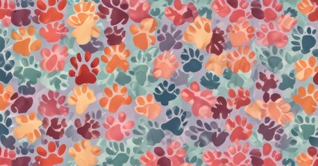 Cartoon style illustration of a dog's paw print in a colorful seamless pattern perfect for kids room or pet lover decor,  seamless, pet