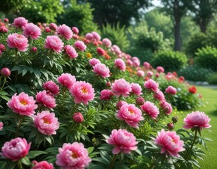 Colorful peony flowers in a lush green garden ,  blossoms,  peonies