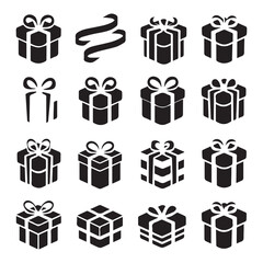 Gift boxes with ribbon icons Set. Gift box flat line silhouette on white background gift box with ribbon silhouette vector.