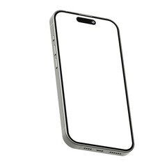 Silver smart phone 15 mockup template. Transparent png. Blank screen. Frame only. Isometric view

