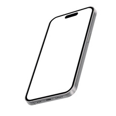 Silver smart phone mockup template. Transparent png. Blank screen. Frame only. Isometric
