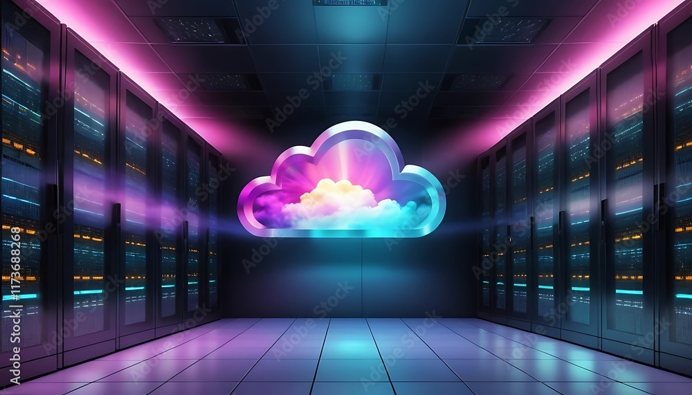 Poster cloud computing server room neon lights