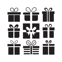 Gift boxes with ribbon icons Set. Gift box flat line silhouette on white background gift box with ribbon silhouette vector.