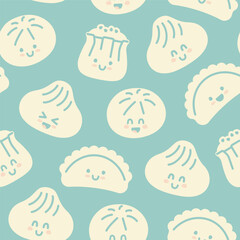Seamless background with flat Chinese kawaii dumplings. Xiao Long Bao, Siu Mai, Baozi