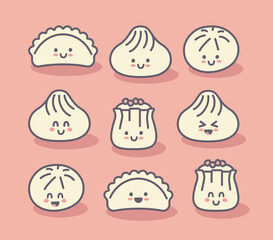 Set of kawaii dumplings, Xiao Long Bao, Siu Mai, Baozi, vareniki, gyoza, mandu, pelmeni, khinkali, pierogi Vector stylized line art elements