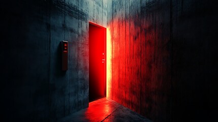 Obraz premium Red Light Illuminates Dark Corridor Entrance