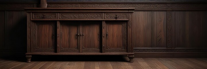 Obraz premium Dark wood background with intricate patterns of ancient furniture, wooden paneling, antique