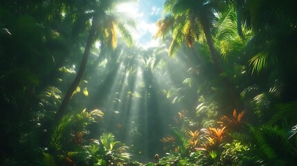 Obraz premium Sunbeams pierce lush tropical jungle canopy.