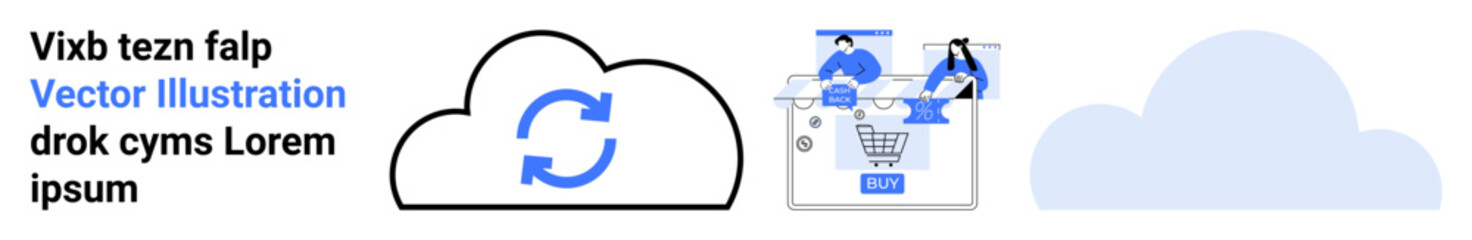 Cloud icons, sync symbol, man and woman shopping on a tablet depict e-commerce and cloud services integration. Ideal for e-commerce, cloud computing, data synchronization, online shopping, technology