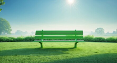 Fototapeta premium Solitary green bench on lush green grass under clear blue sky in serene nature landscape