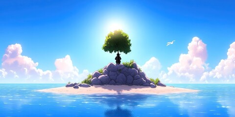 2D animated man stranded on deserted island 