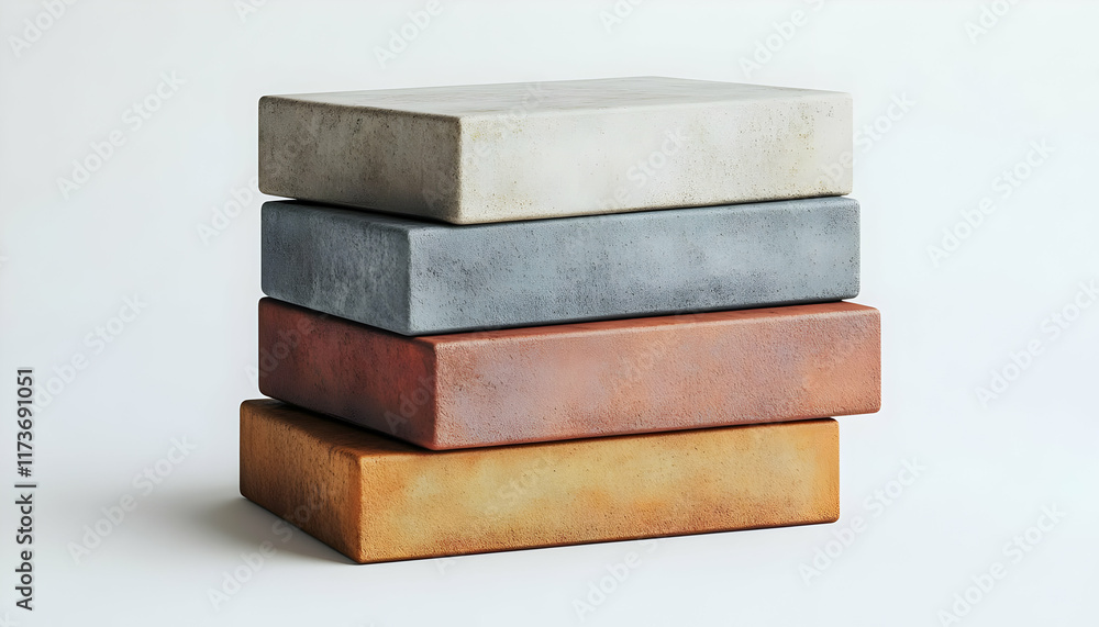 Poster stack of four textured blocks in various earth tones, showcasing different materials and colors agai